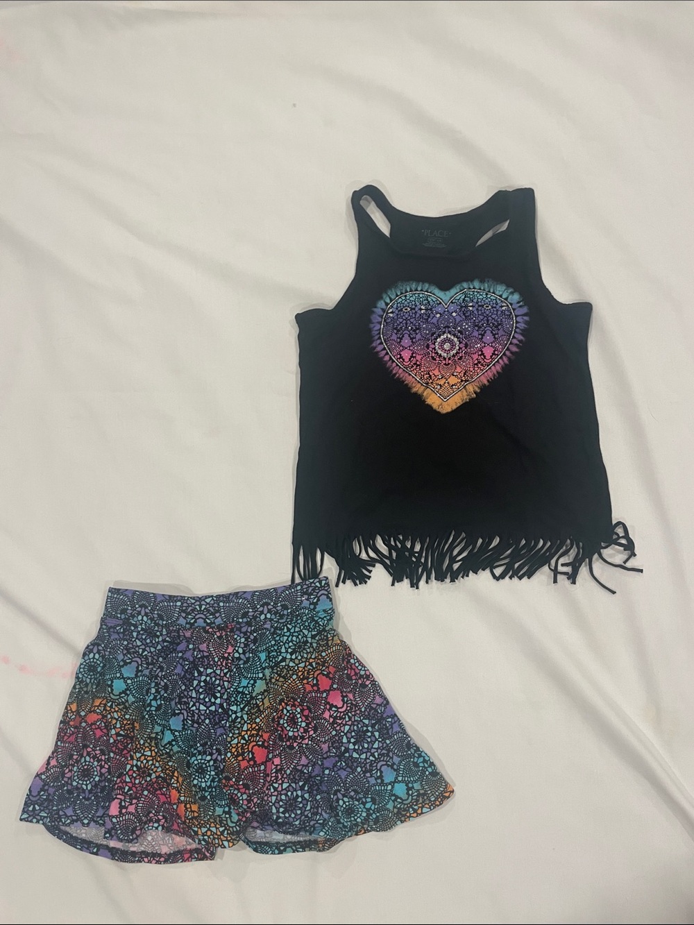 The Children's Place Black Fringe Tank & Rainbow Heart Skirt Set. Never worn